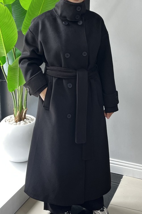 DİK YAKA UZUN KABAN Siyah